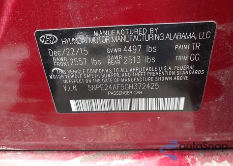 2016 Hyundai Sonata Se z USA, uszkodzony, nr VIN 5NPE24AF5GH372425